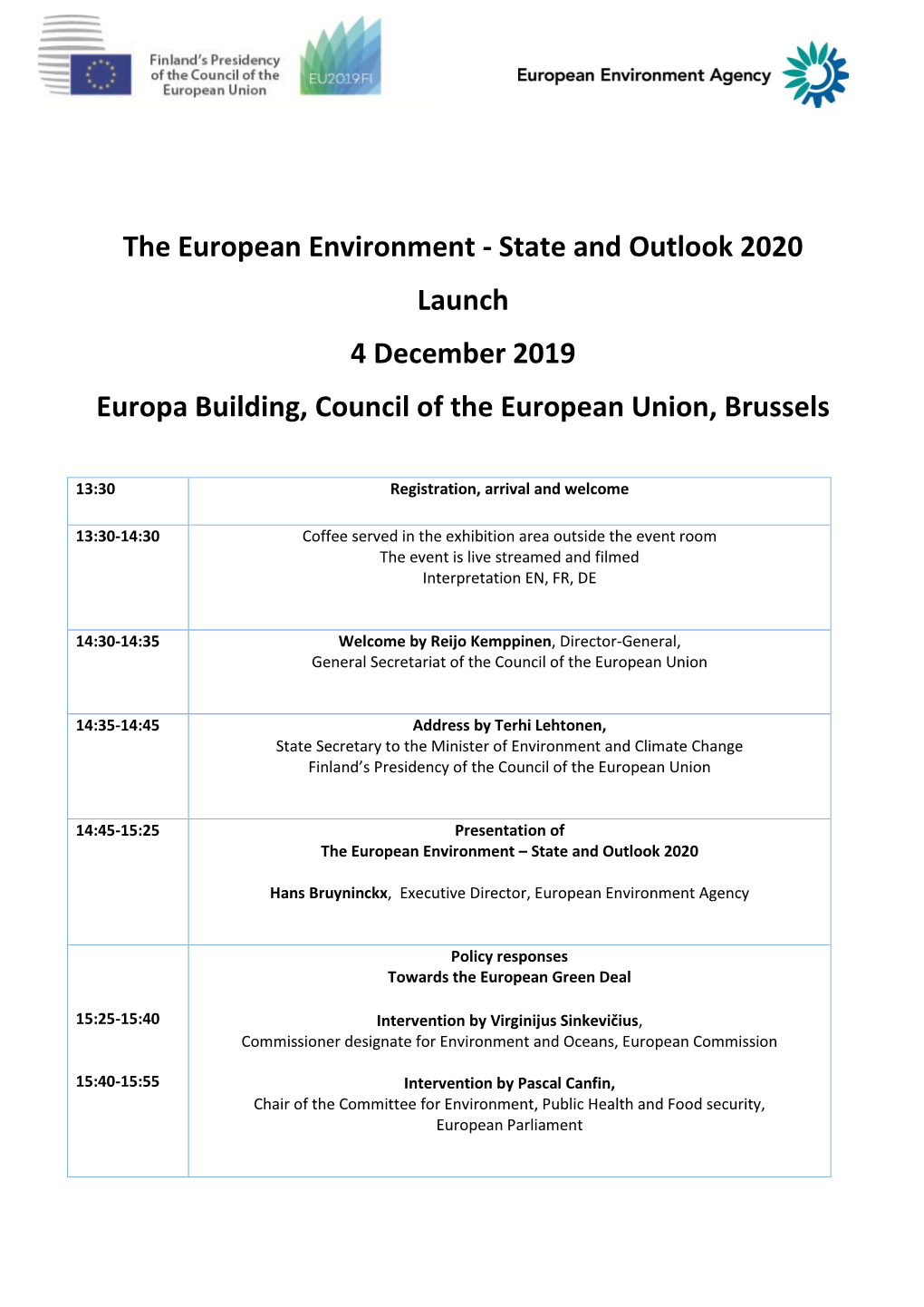 The European Environment - State and Outlook 2020 Launch 4 December 2019