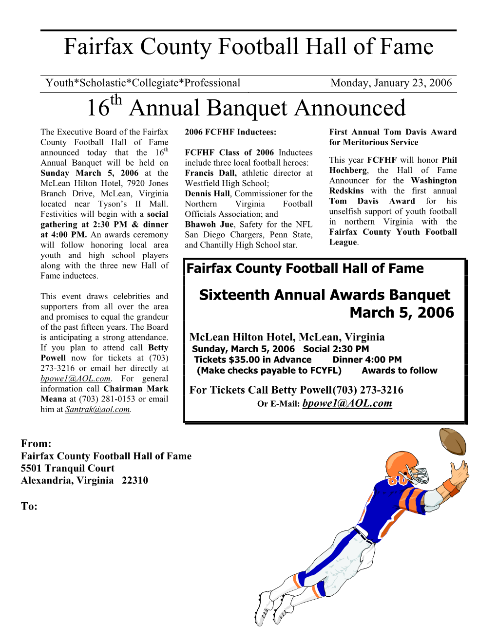 Fairfax County Football Hall of Fame 16 Annual Banquet Announced