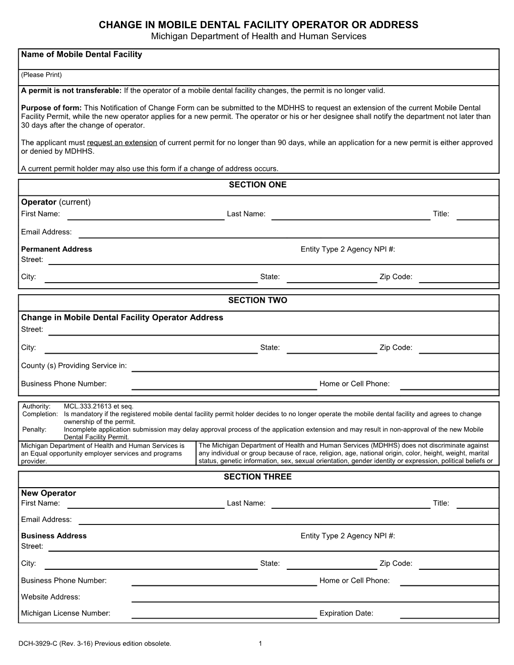 Change In Mobile Dental Facility Operator Or Address