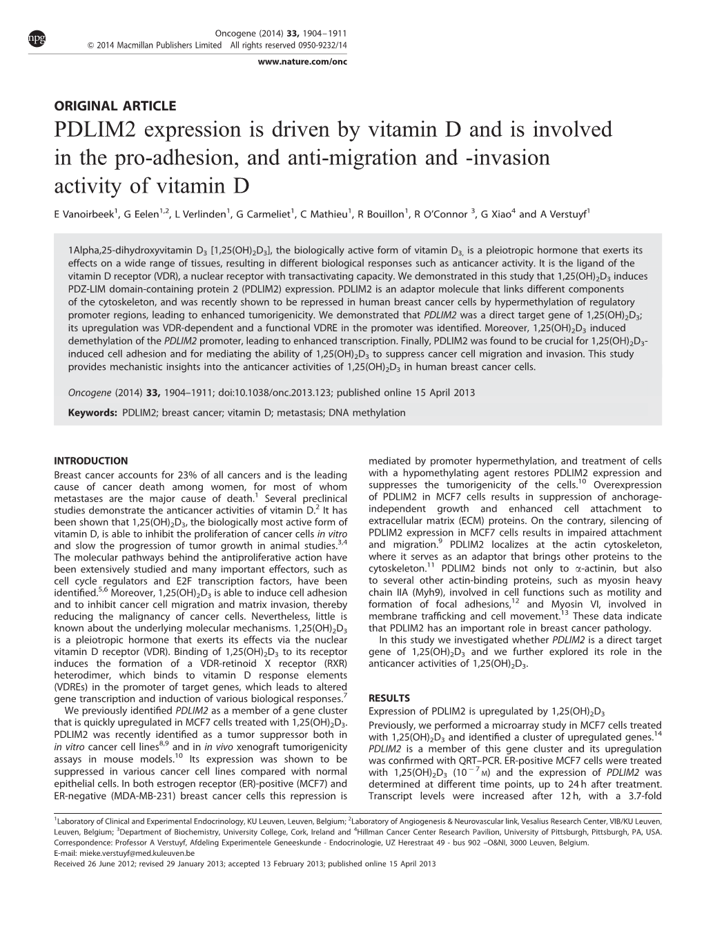 PDLIM2 Expression Is Driven by Vitamin D and Is Involved in the Pro-Adhesion, and Anti-Migration and -Invasion Activity of Vitamin D