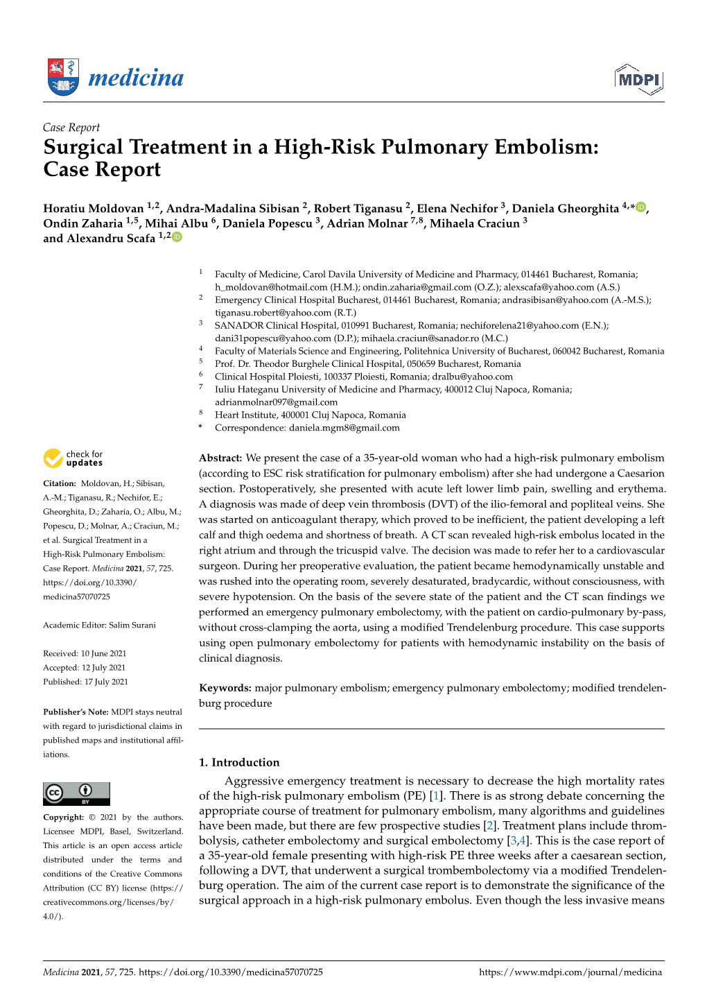 Surgical Treatment in a High-Risk Pulmonary Embolism: Case Report