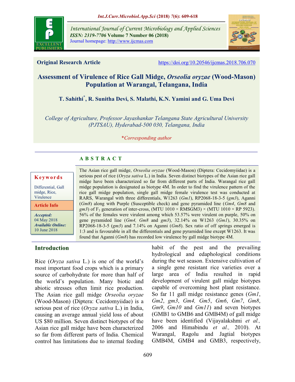Assessment of Virulence of Rice Gall Midge, Orseolia Oryzae (Wood-Mason) Population at Warangal, Telangana, India