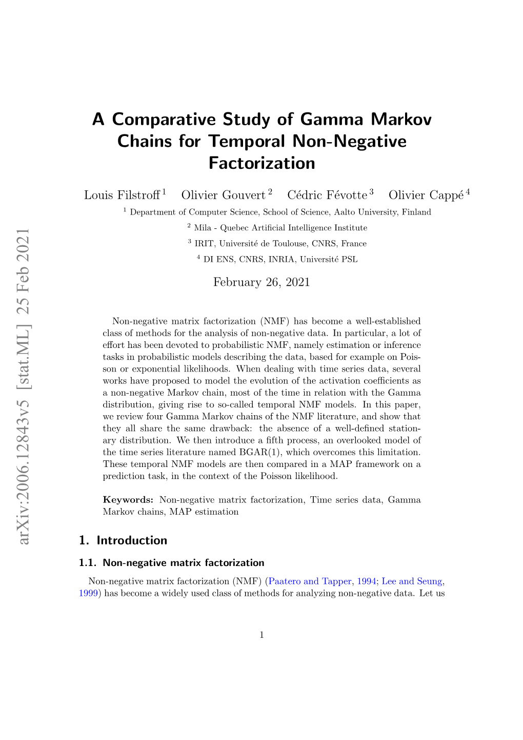 A Comparative Study of Gamma Markov Chains for Temporal Non-Negative Factorization Arxiv:2006.12843V5 [Stat.ML] 25 Feb 2021