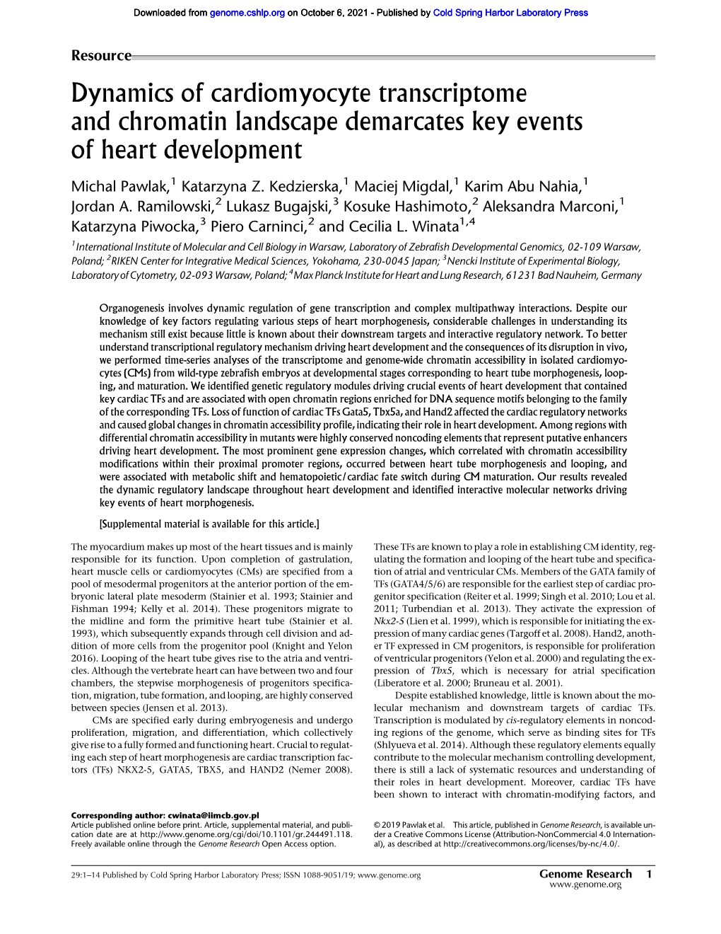 Dynamics of Cardiomyocyte Transcriptome and Chromatin Landscape Demarcates Key Events of Heart Development