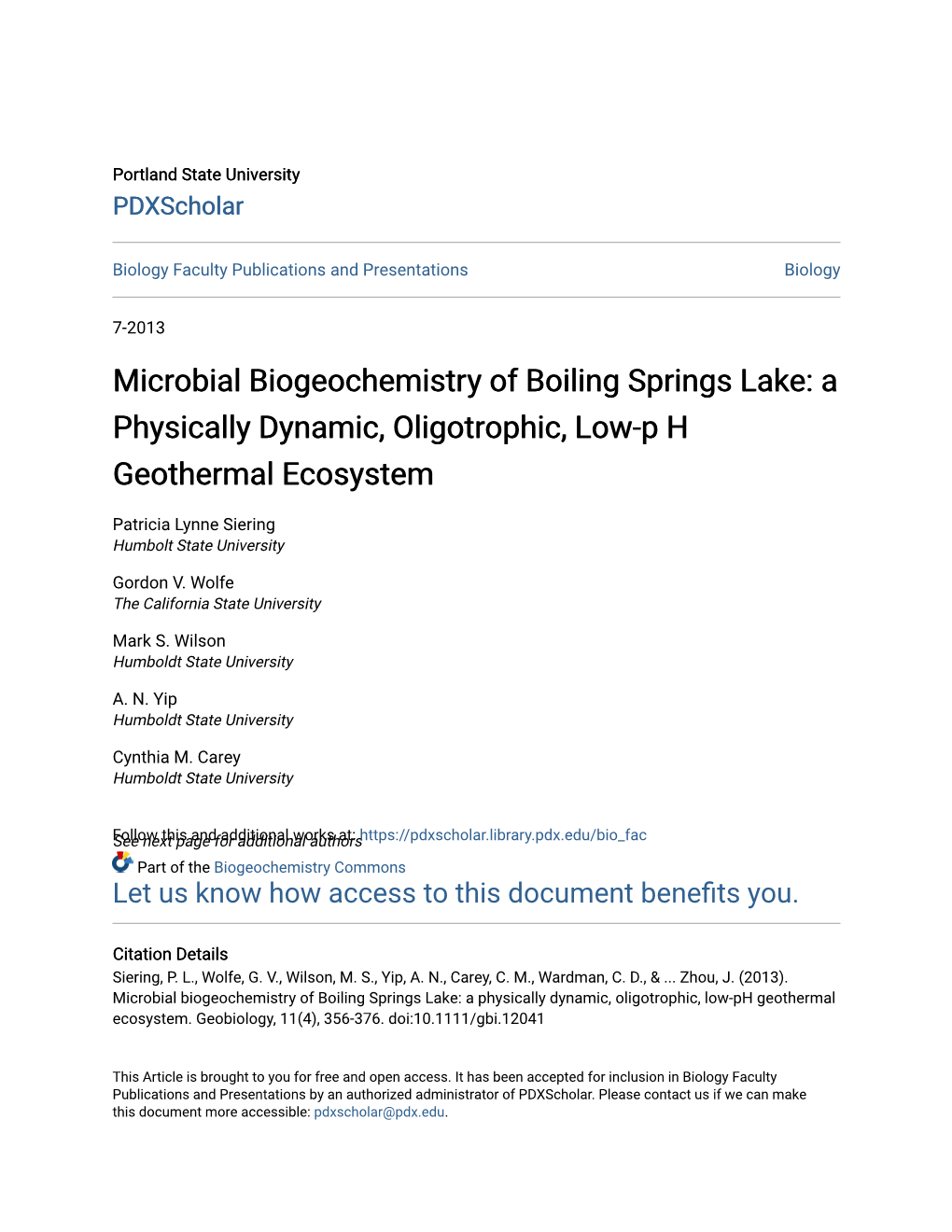 Microbial Biogeochemistry of Boiling Springs Lake: a Physically Dynamic, Oligotrophic, Low-P H Geothermal Ecosystem