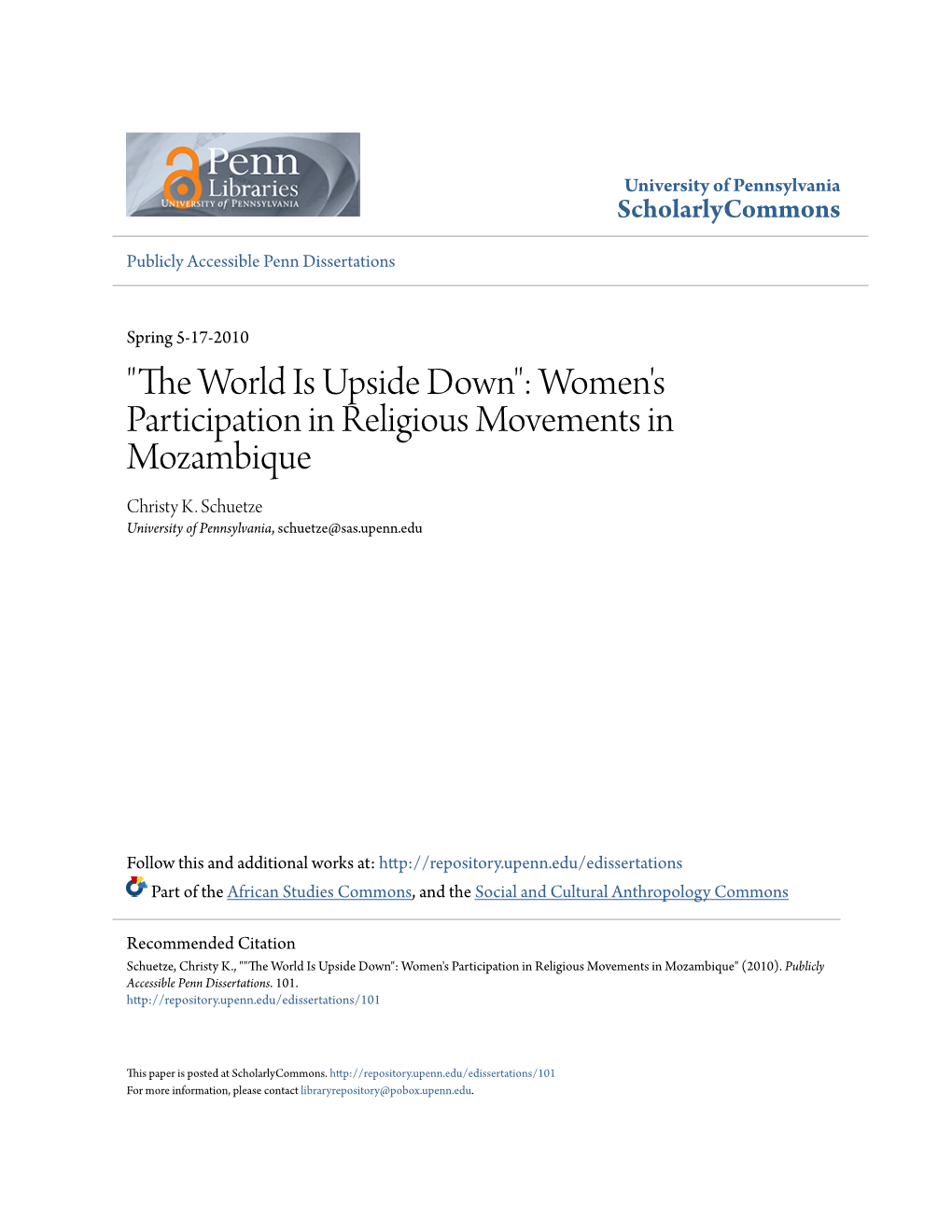 "The World Is Upside Down": Women's Participation in Religious Movements in Mozambique