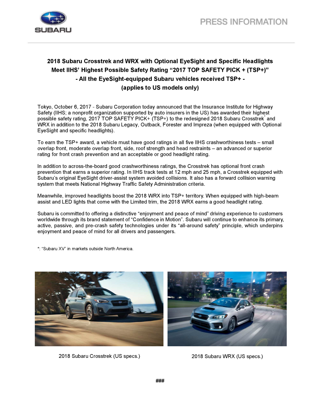 2018 Subaru Crosstrek and WRX with Optional Eyesight and Specific