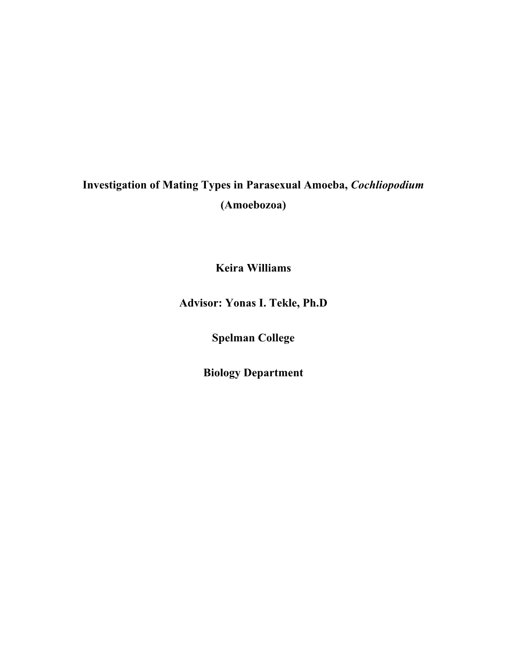 Investigation of Mating Types in Parasexual Amoeba, Cochliopodium (Amoebozoa)