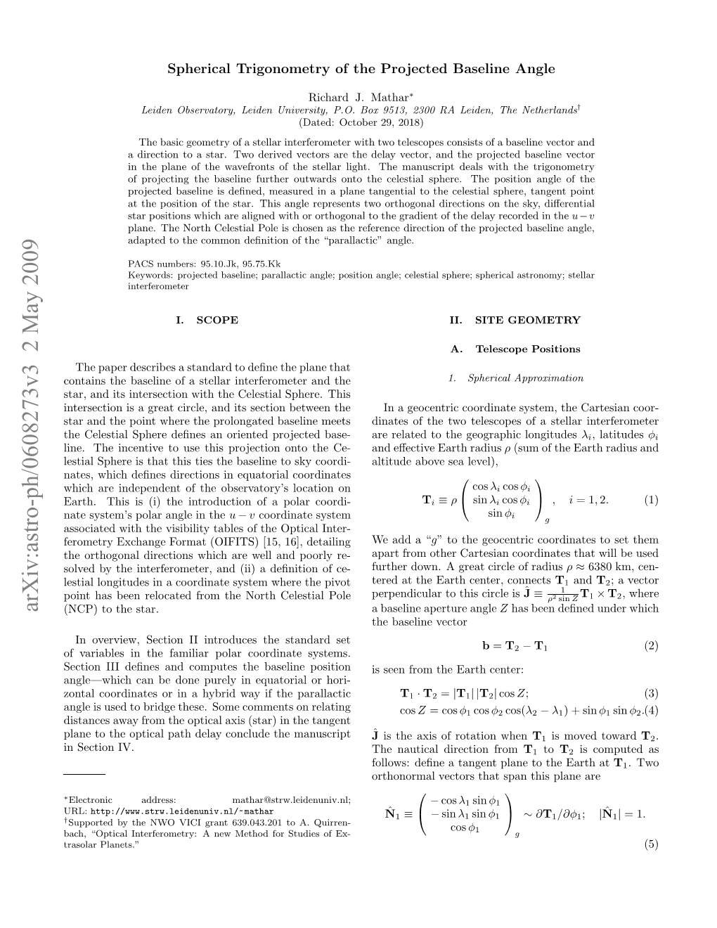 Spherical Trigonometry of the Projected Baseline Angle