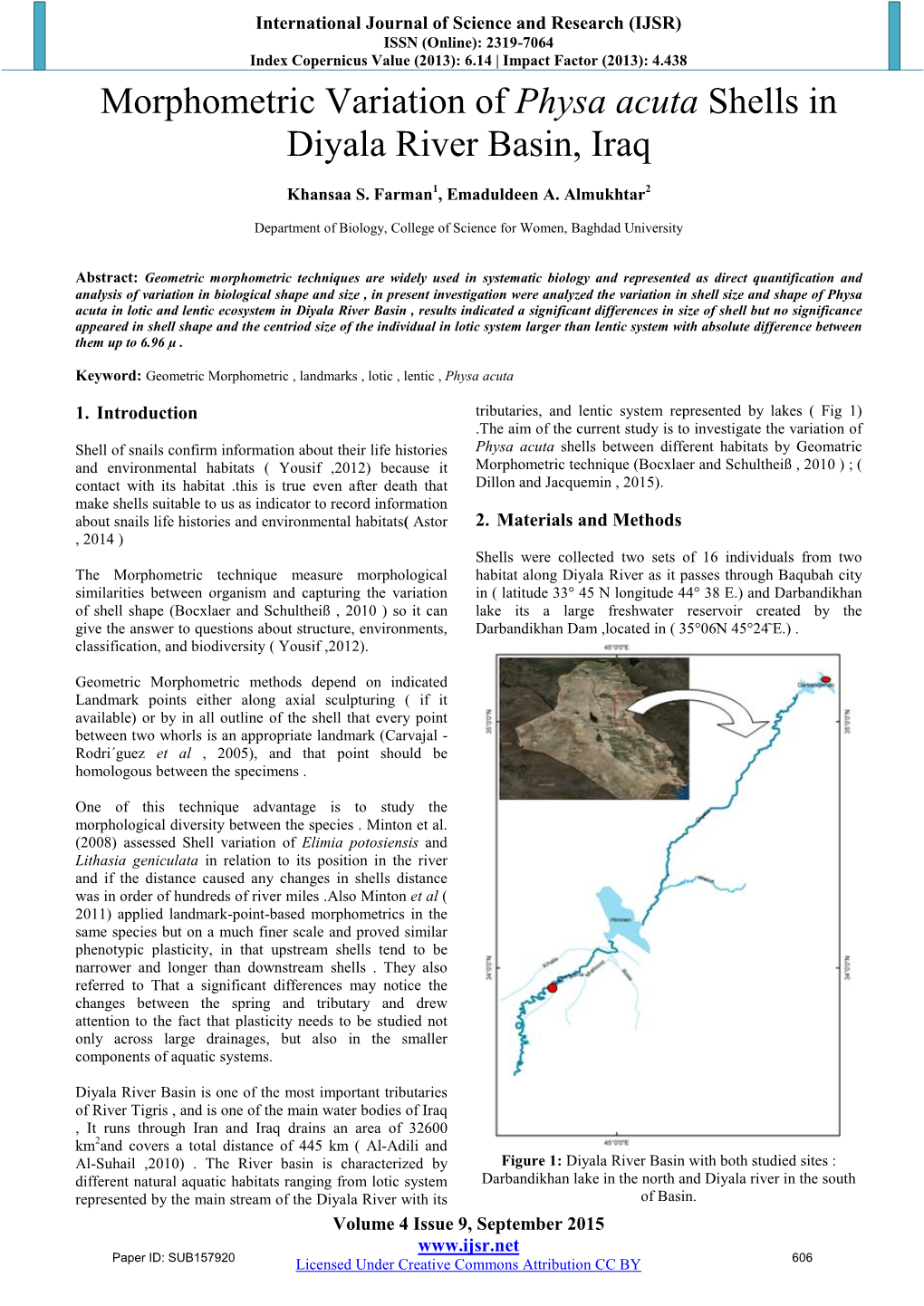 Morphometric Variation of Physa Acuta Shells in Diyala River Basin, Iraq