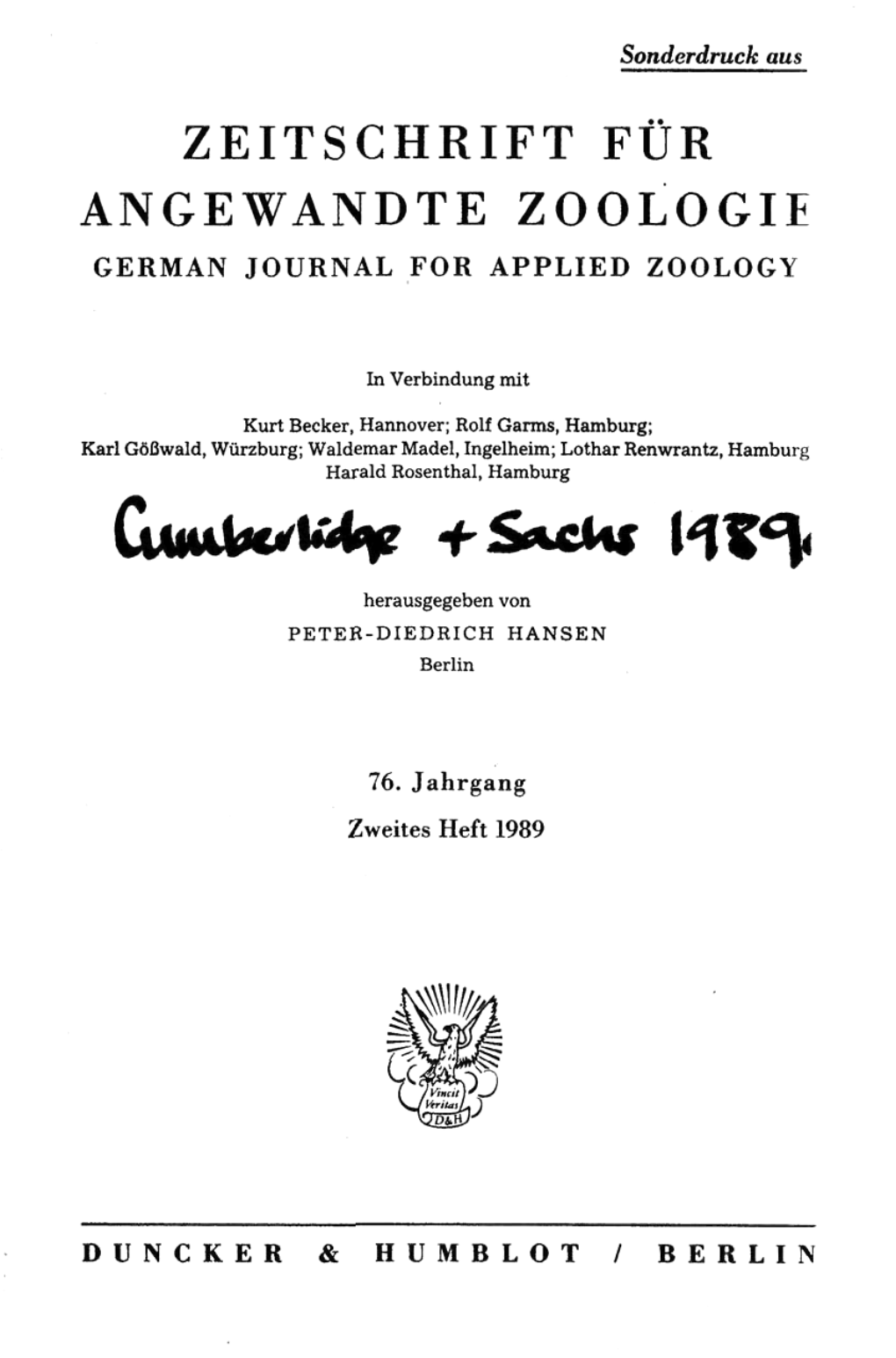 Zeitschrift Fur Angewandte Zoologie German Journal for Applied Zoology
