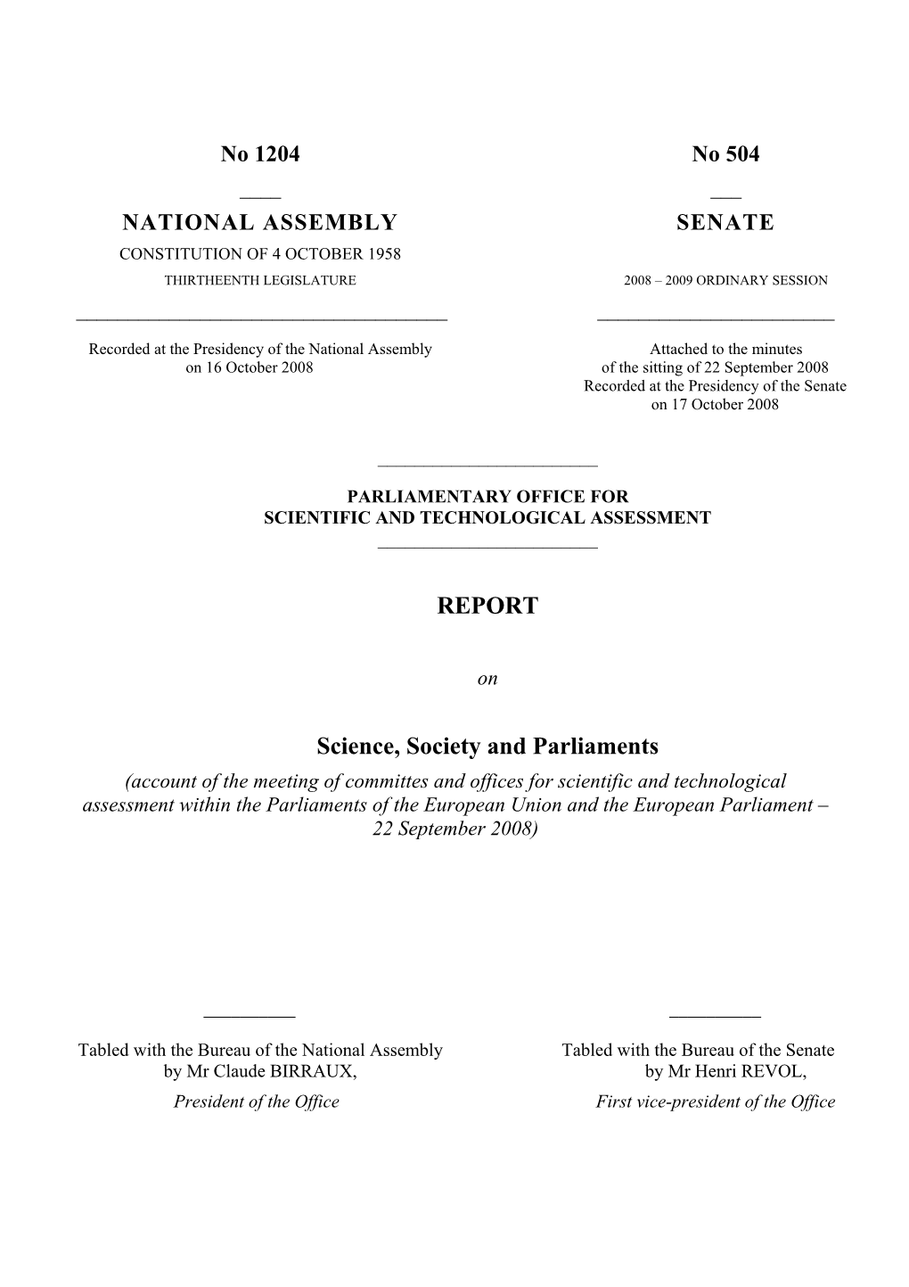 REPORT Science, Society and Parliaments