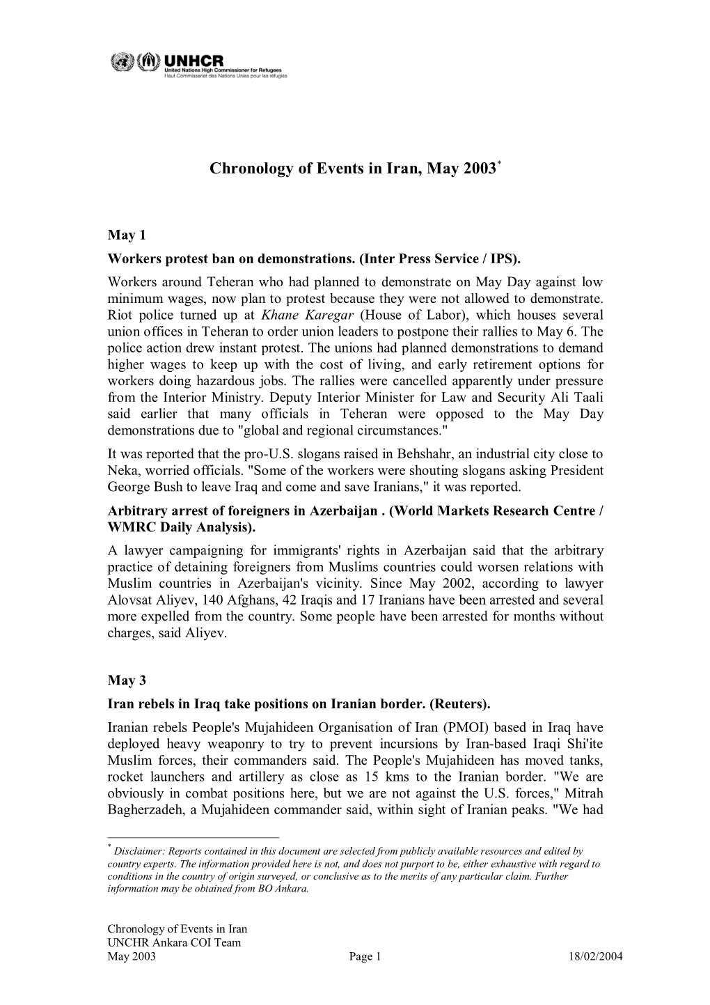 Chronology of Events in Iran, May 2003*