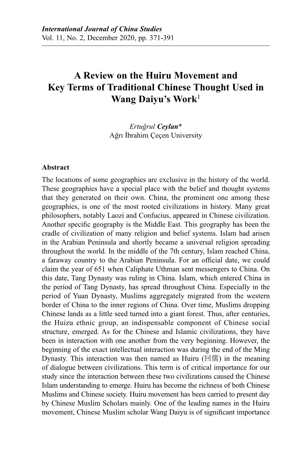 A Review on the Huiru Movement and Key Terms of Traditional Chinese Thought Used in Wang Daiyu's Work1