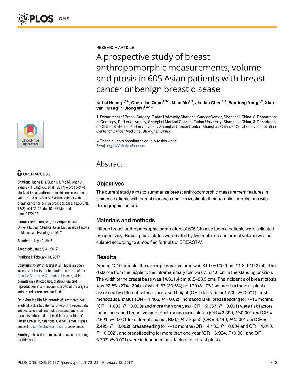 A Prospective Study of Breast Anthropomorphic Measurements, Volume and Ptosis in 605 Asian Patients with Breast Cancer Or Benign Breast Disease
