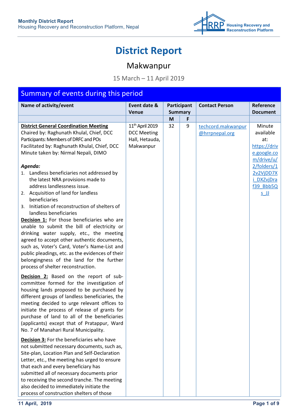 District Report Housing Recovery and Reconstruction Platform, Nepal Housing Recovery and Reconstruction Platform