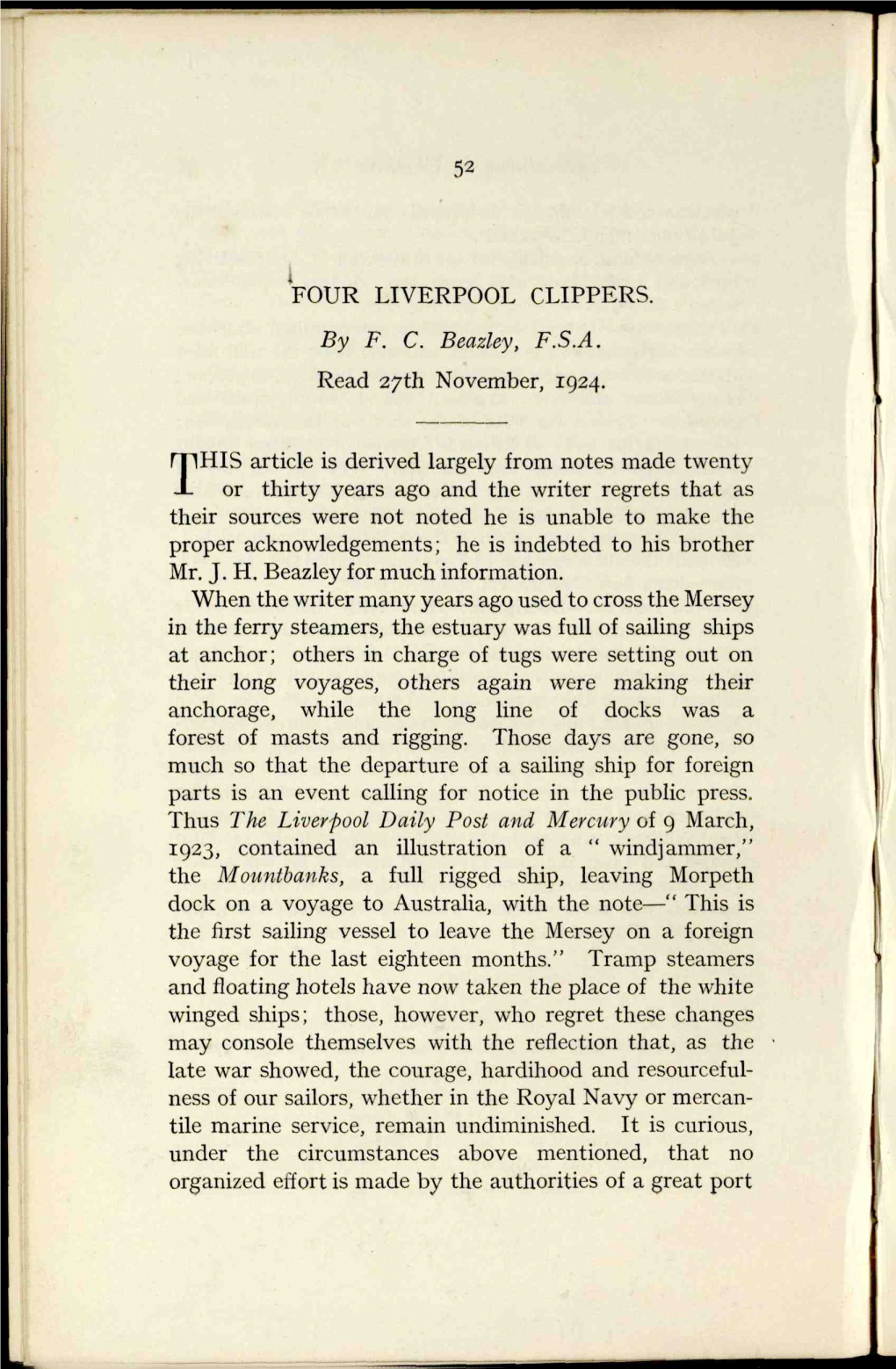 FOUR LIVERPOOL CLIPPERS. by F. C. Beazley, F.S.A. Read 27Th November, 1924