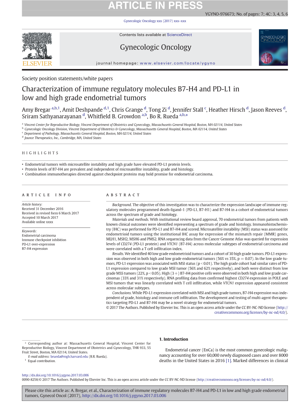 Characterization of Immune Regulatory Molecules B7-H4 and PD-L1 in Low and High Grade Endometrial Tumors