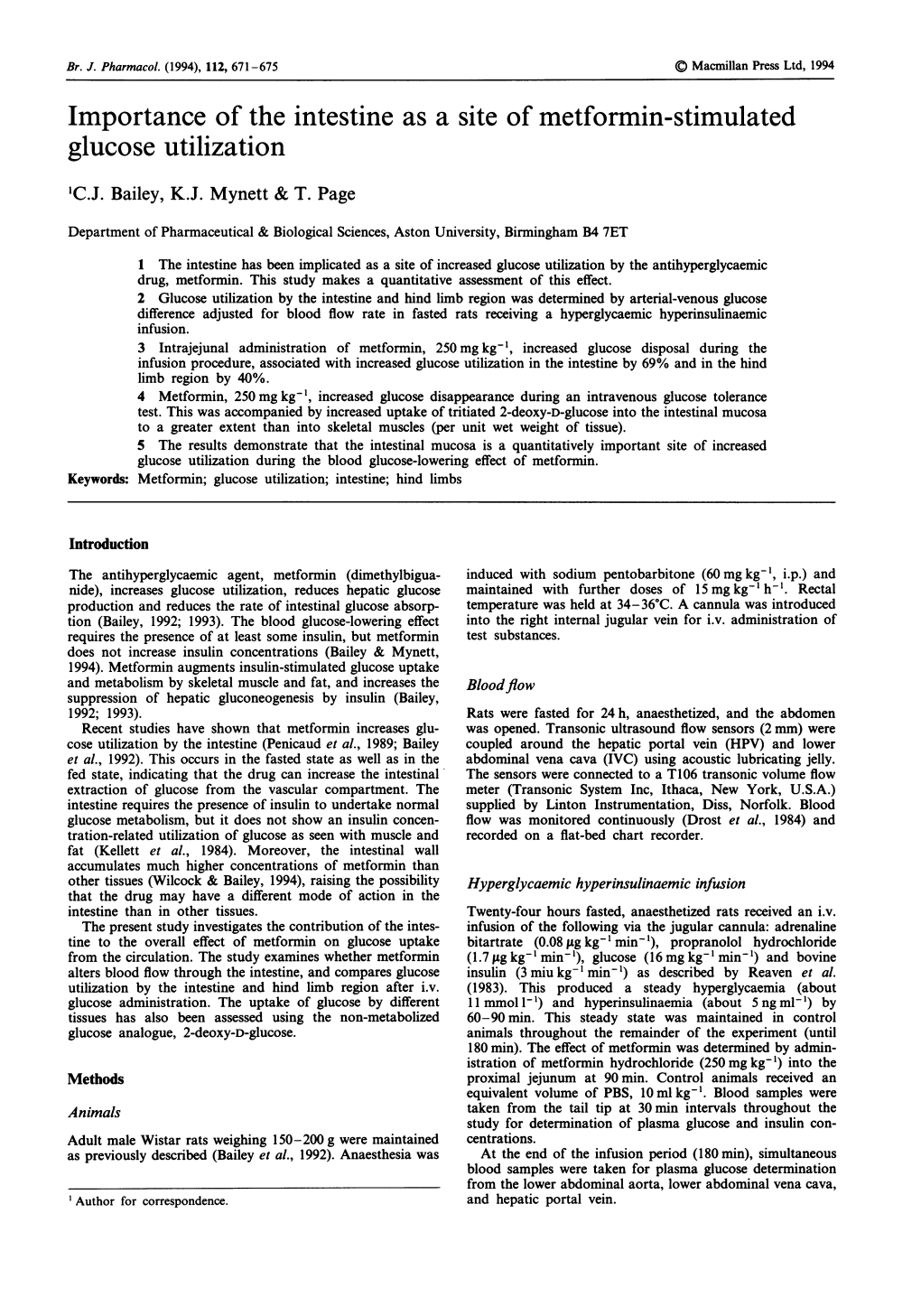 Importance of the Intestine As a Site of Metformin-Stimulated Glucose Utilization 'C.J