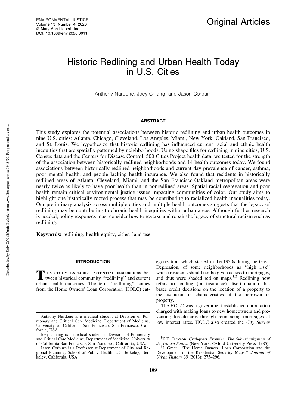 Historic Redlining and Urban Health Today in U.S. Cities