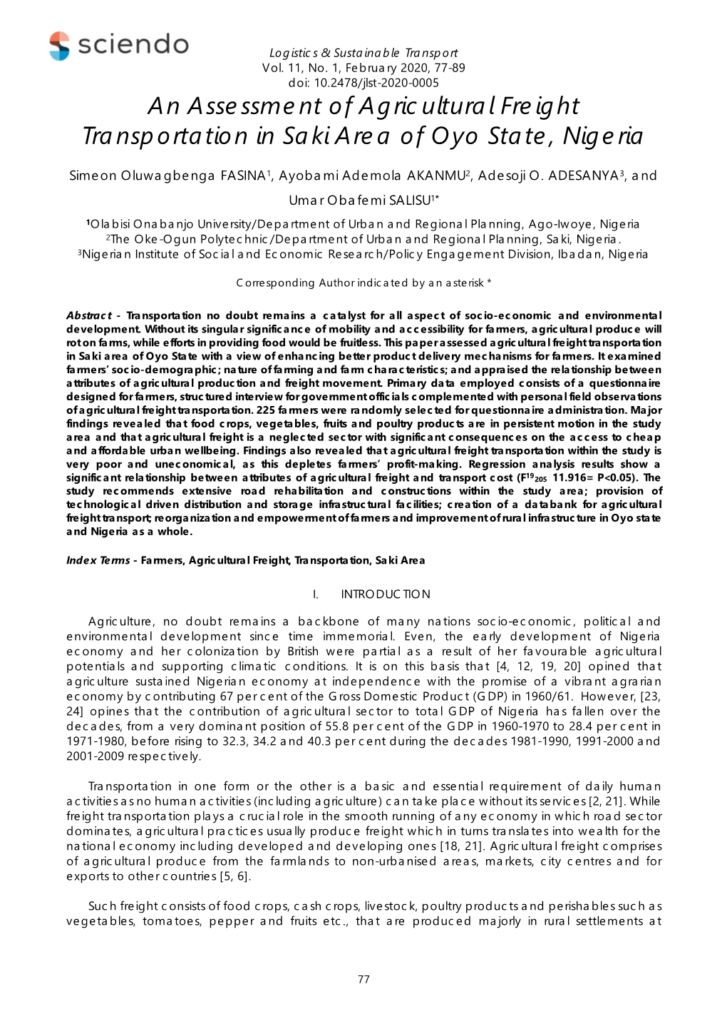 An Assessment of Agricultural Freight Transportation in Saki Area of Oyo State, Nigeria