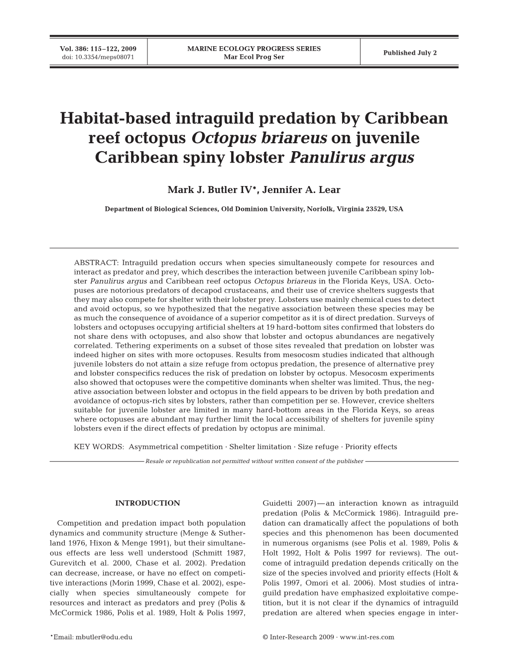 Habitat-Based Intraguild Predation by Caribbean Reef Octopus Octopus Briareus on Juvenile Caribbean Spiny Lobster Panulirus Argus