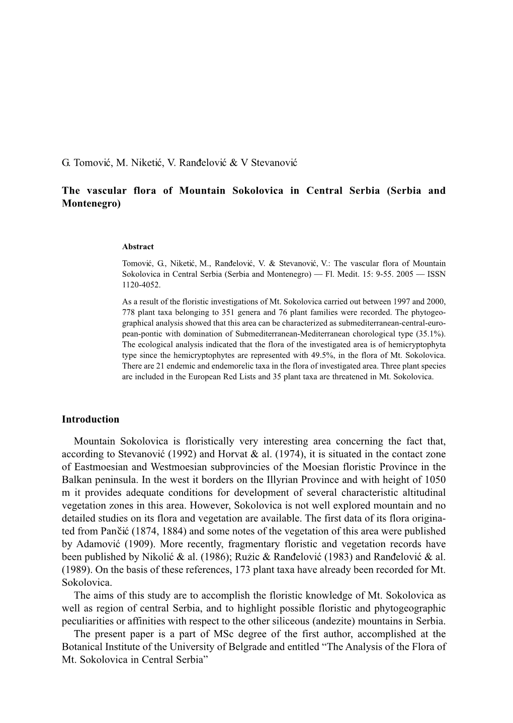 Delovic & V Stevanovic the Vascular Flora of Mountain Sokolovica In