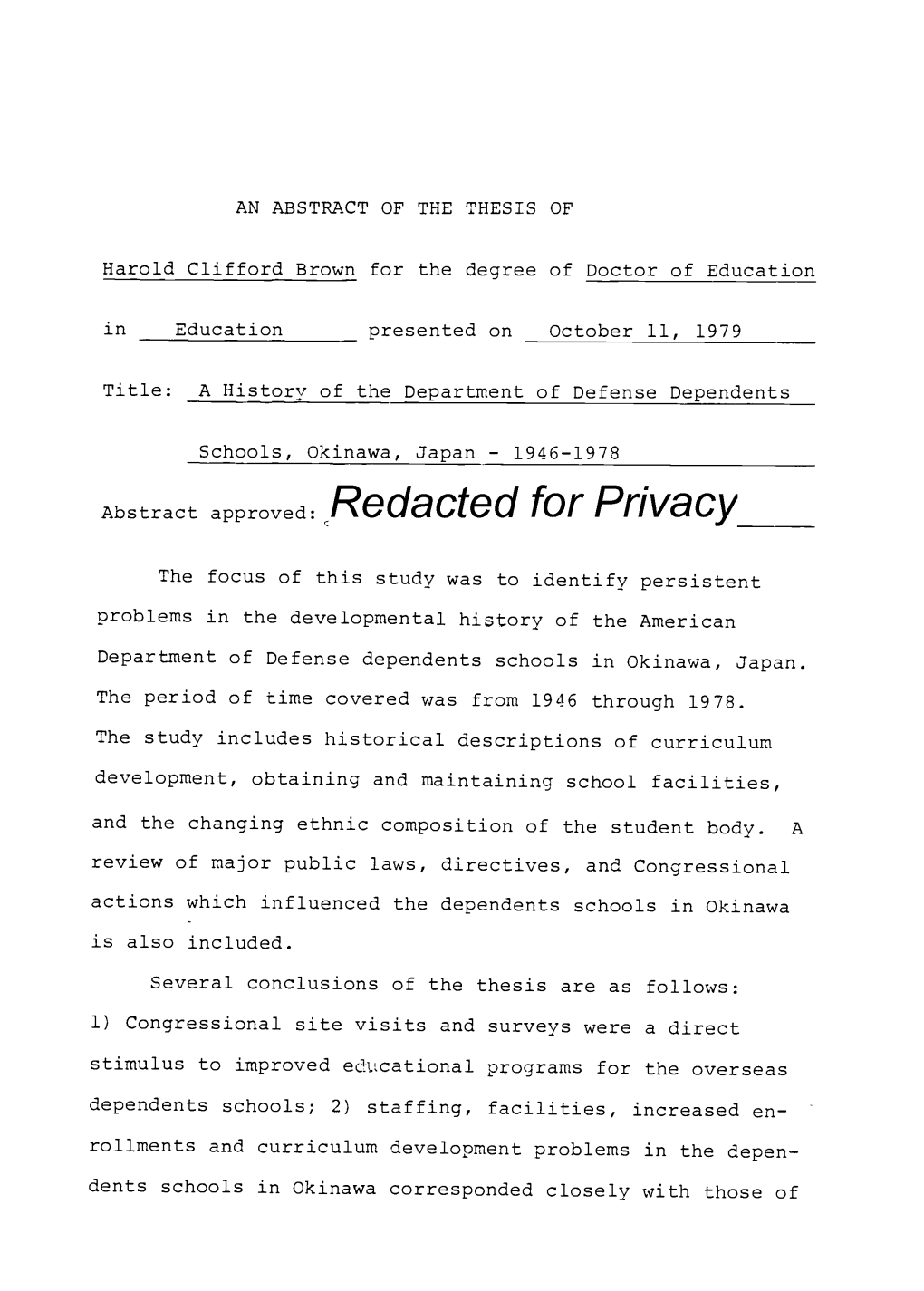 A History of the Department of Defense Dependents Schools, Okinawa, Japan 1946-1978