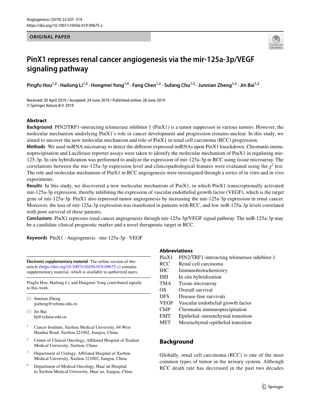 Pinx1 Represses Renal Cancer Angiogenesis Via the Mir-125A-3P