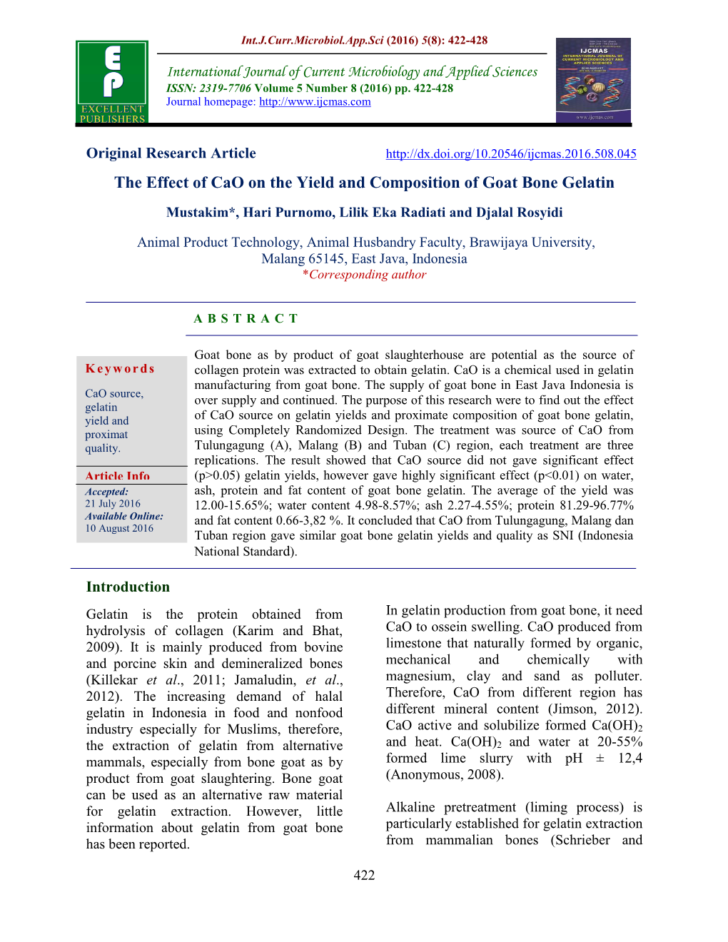 The Effect of Cao on the Yield and Composition of Goat Bone Gelatin