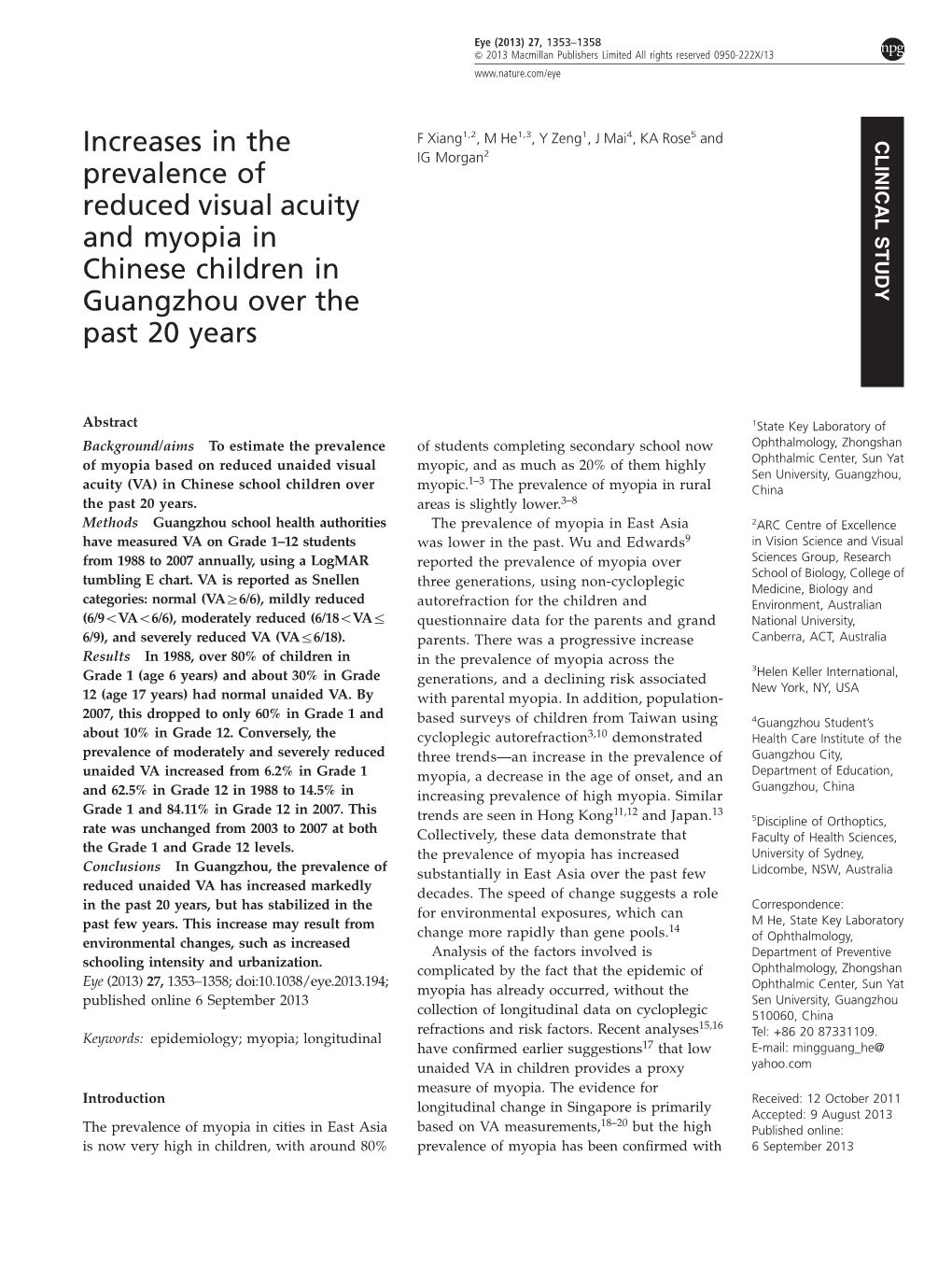 Increases in the Prevalence of Reduced Visual Acuity and Myopia in Chinese Children in Guangzhou Over the Past 20 Years