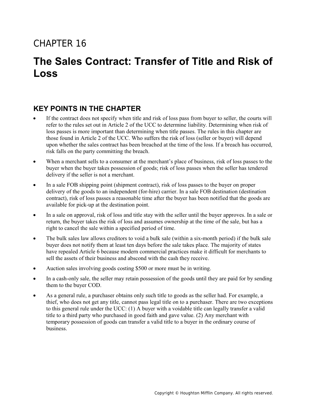 The Sales Contract: Transfer of Title and Risk of Loss