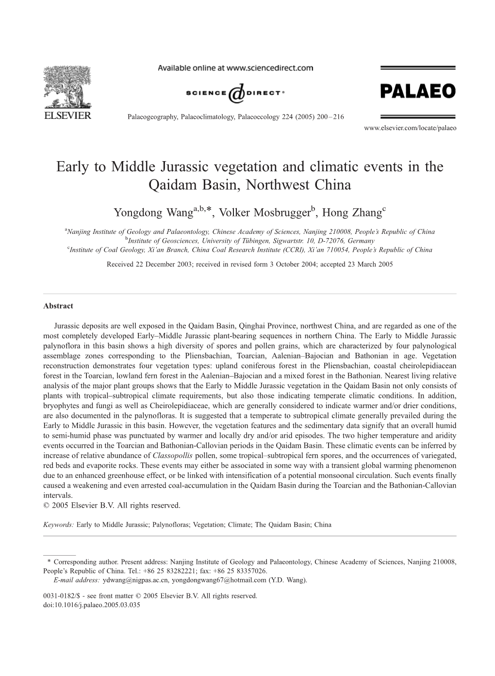 Early to Middle Jurassic Vegetation and Climatic Events in the Qaidam Basin, Northwest China