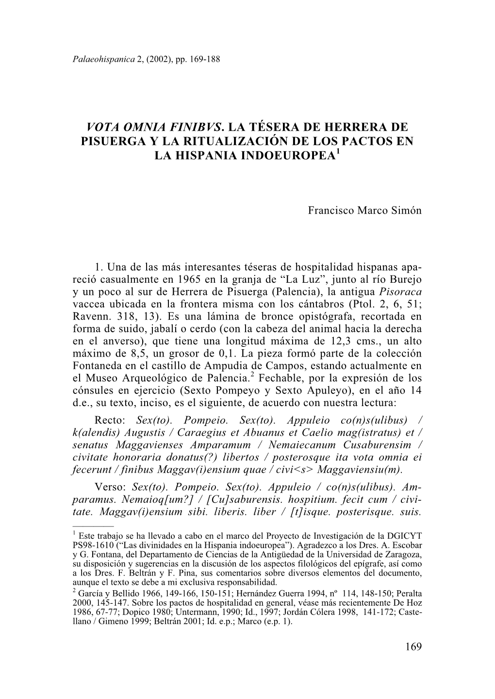 Vota Omnia Finibvs. La Tésera De Herrera De Pisuerga Y La Ritualización De Los Pactos En La Hispania Indoeuropea1