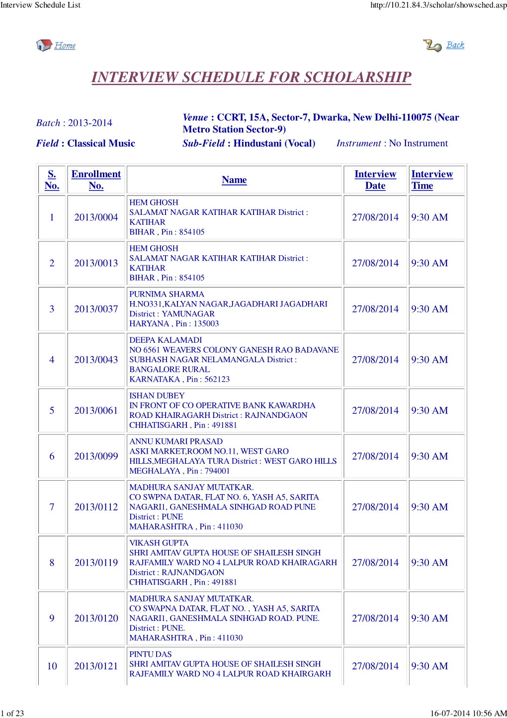 Interview Schedule for Scholarship