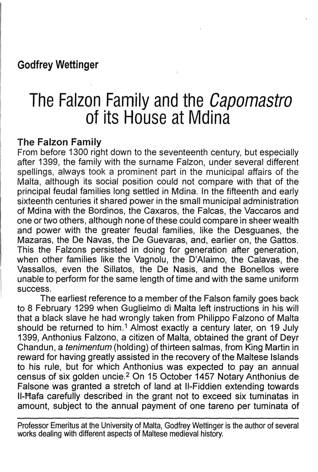 The Falzon Family and the Capomastro of Its House at Mdina