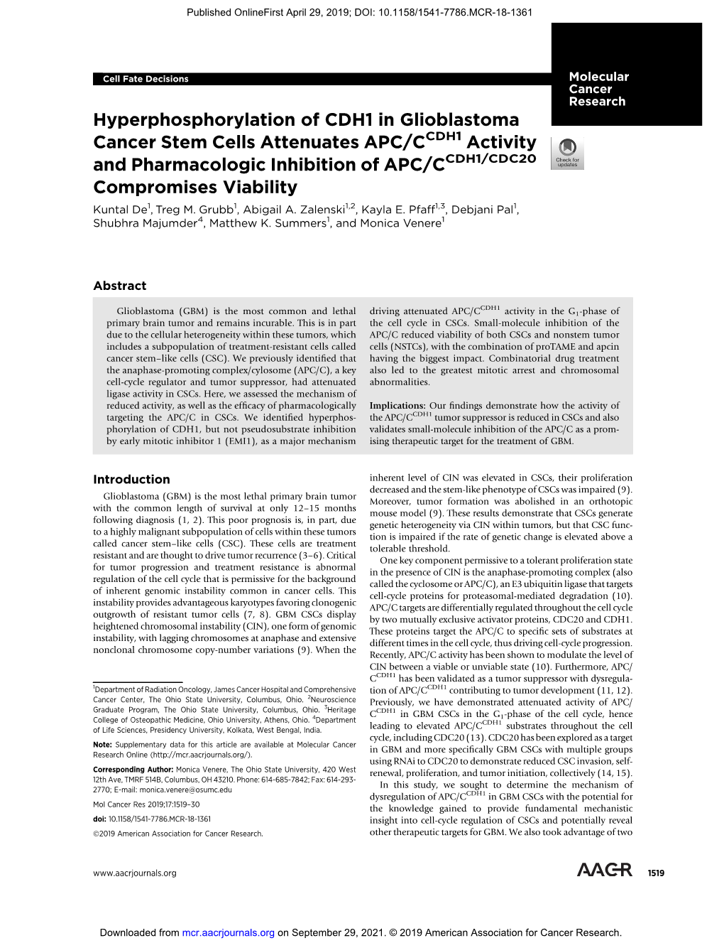 Hyperphosphorylation of CDH1 In