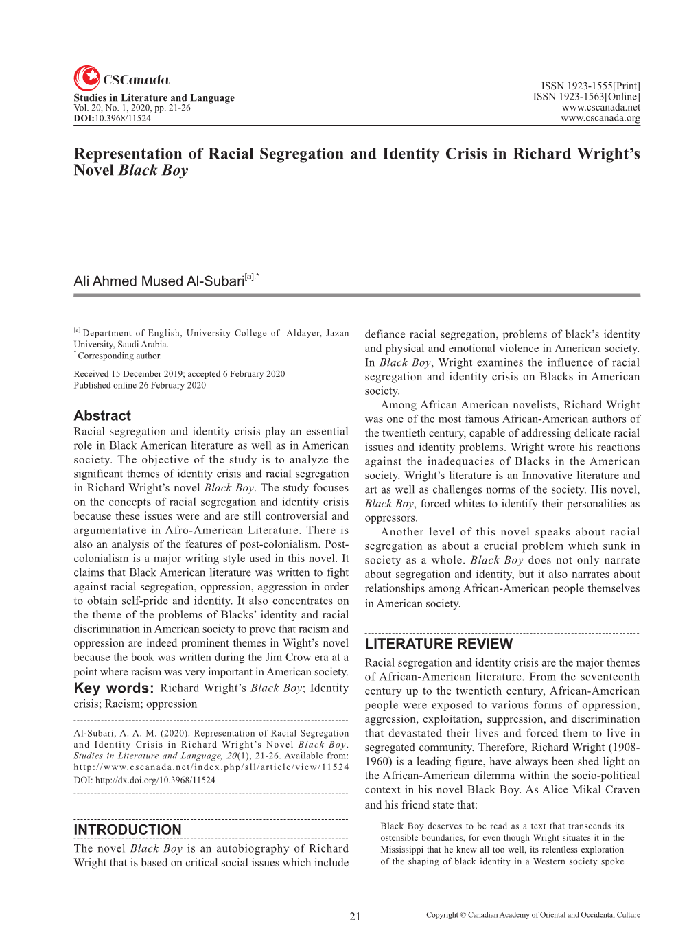 Representation of Racial Segregation and Identity Crisis in Richard Wright’S Novel Black Boy