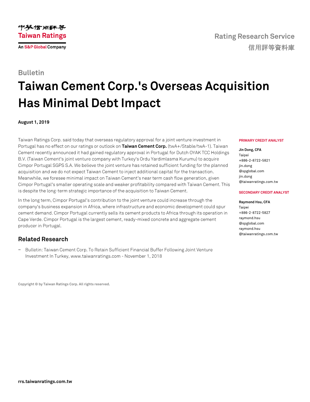 Taiwan Cement Corp.'S Overseas Acquisition