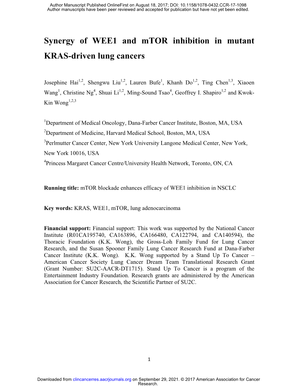 Synergy of WEE1 and Mtor Inhibition in Mutant KRAS-Driven Lung Cancers