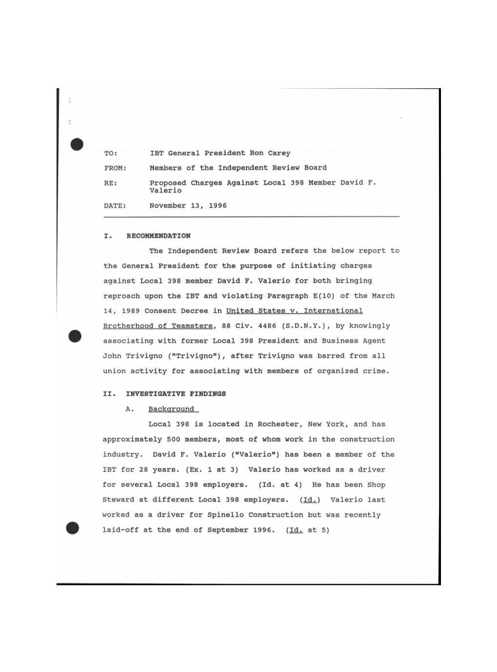IBT General President Ron Carey FROM: Members of the Independent Review Board RE: Proposed Charges Against Local 398 Member David F