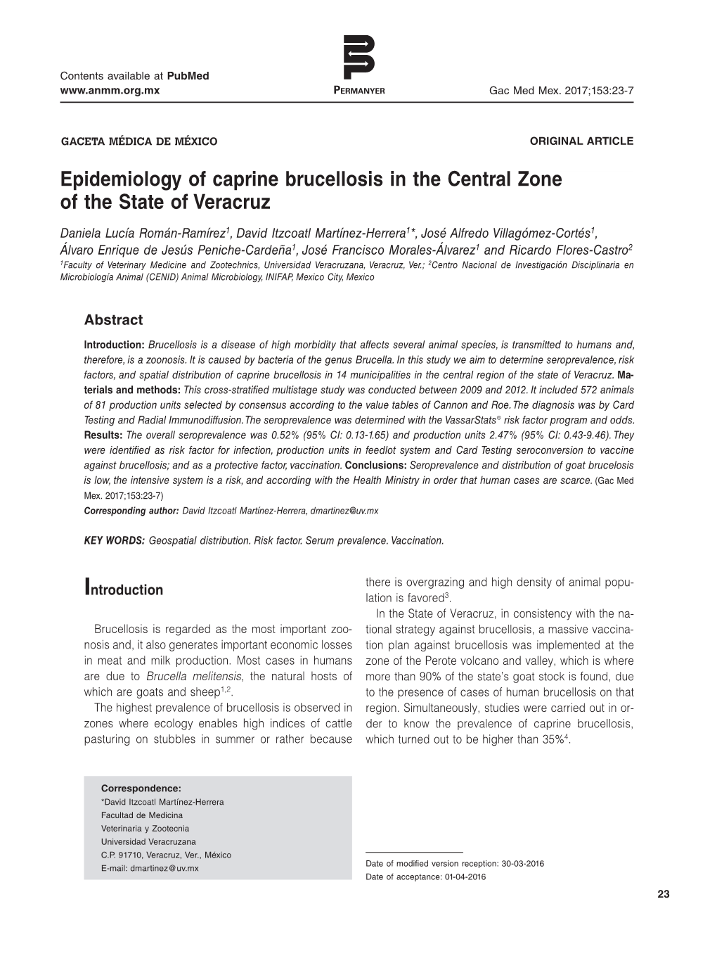 Epidemiology of Caprine Brucellosis in the Central Zone of the State of Veracruz