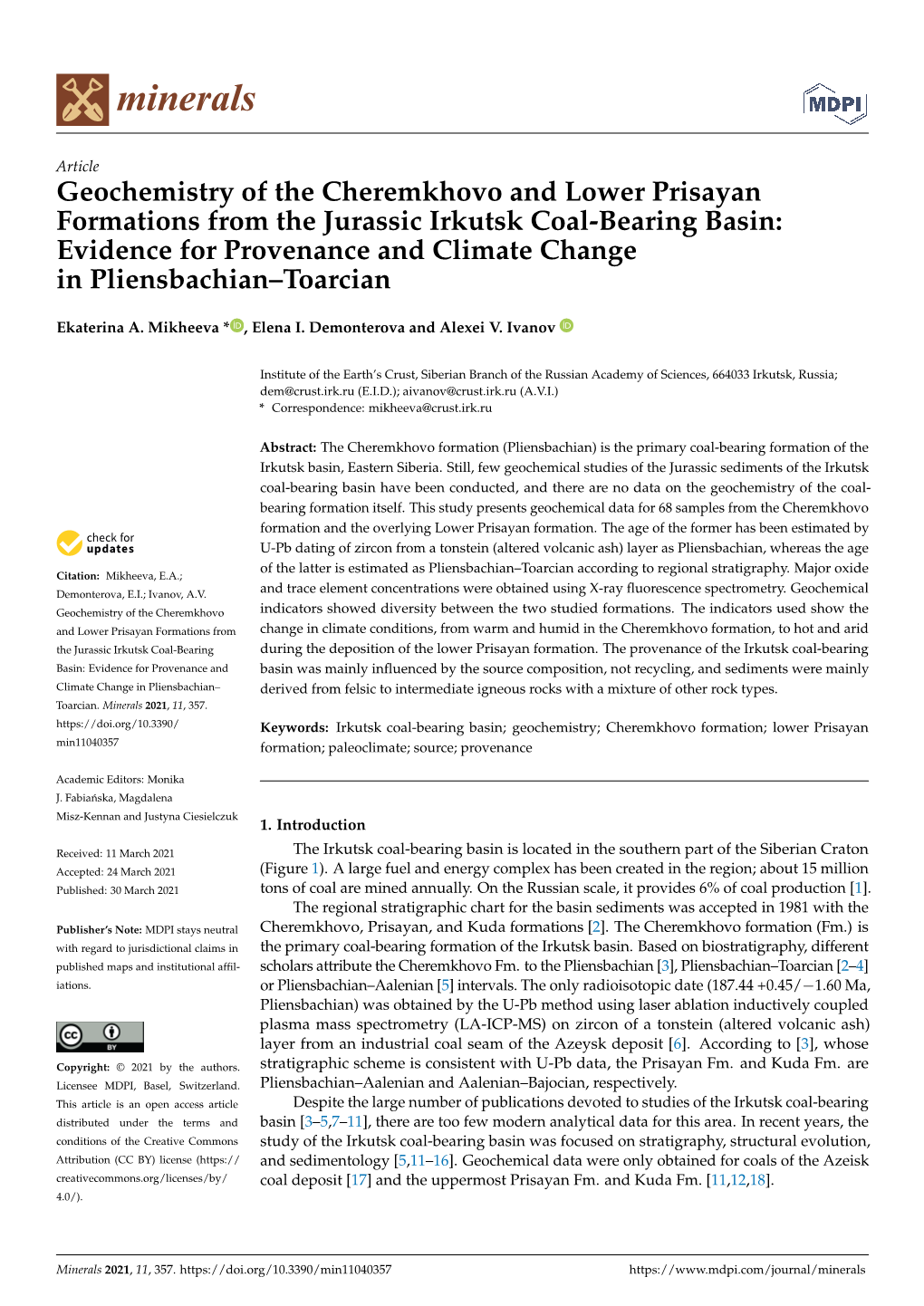 Geochemistry of the Cheremkhovo and Lower Prisayan