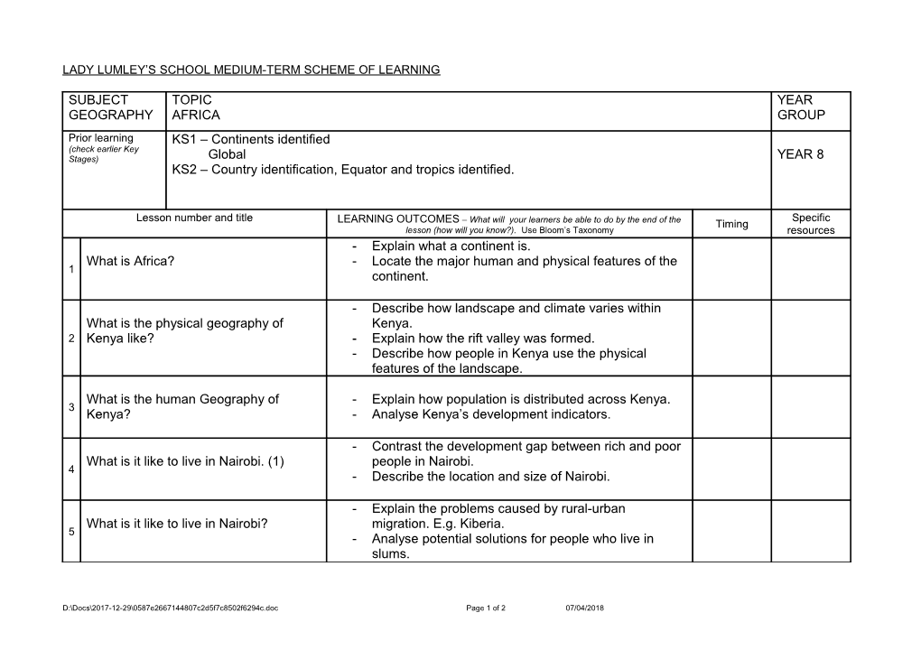 Lady Lumley S School Medium-Term Scheme of Learning