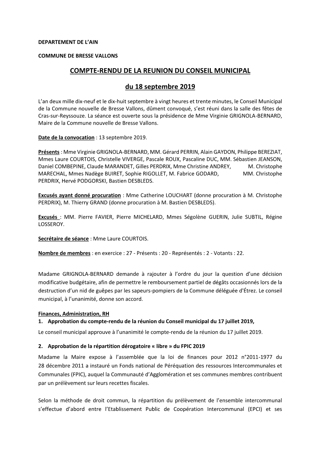 COMPTE-RENDU DE LA REUNION DU CONSEIL MUNICIPAL Du 18 Septembre 2019