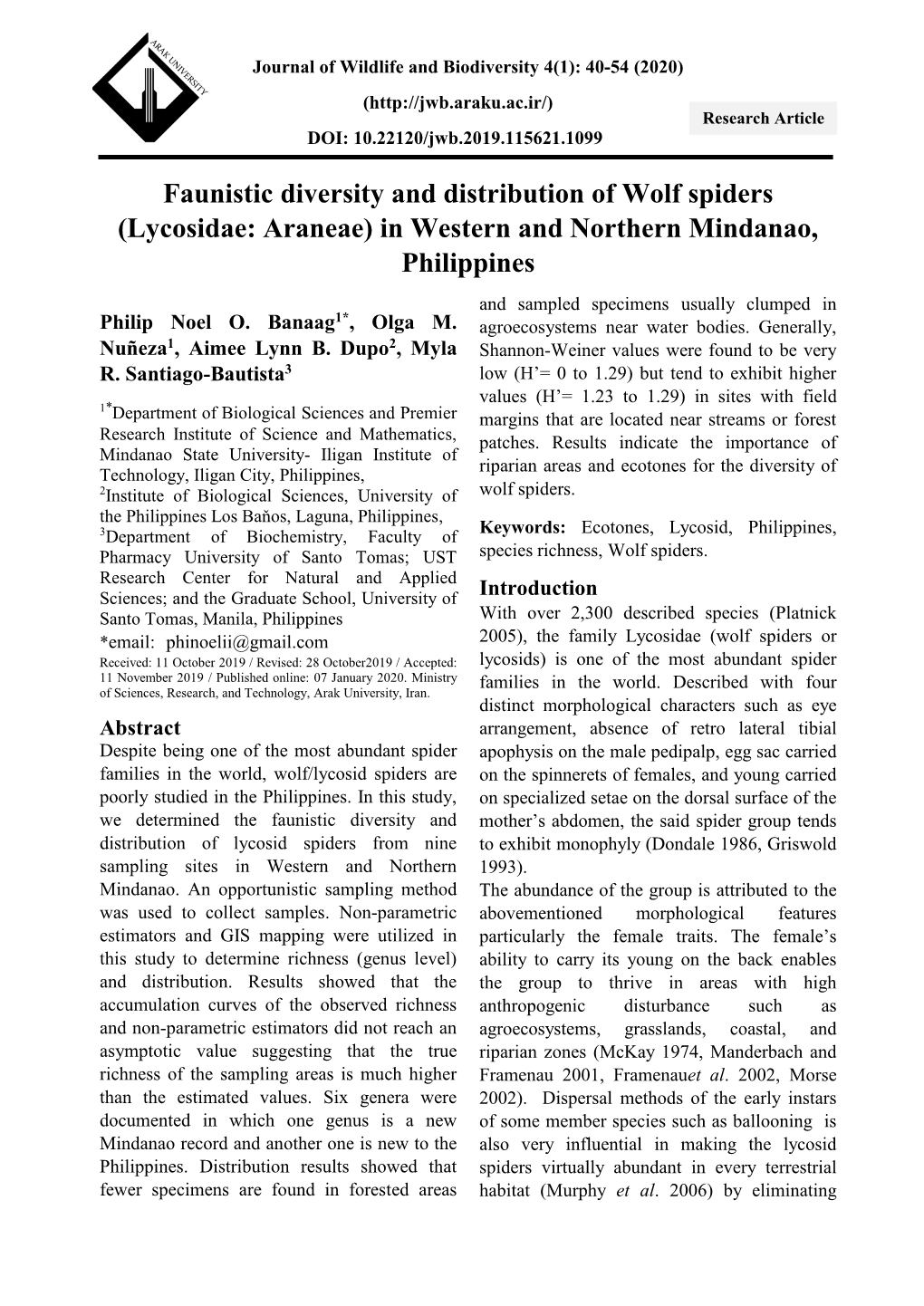 Faunistic Diversity and Distribution of Wolf Spiders (Lycosidae: Araneae) in Western and Northern Mindanao, Philippines