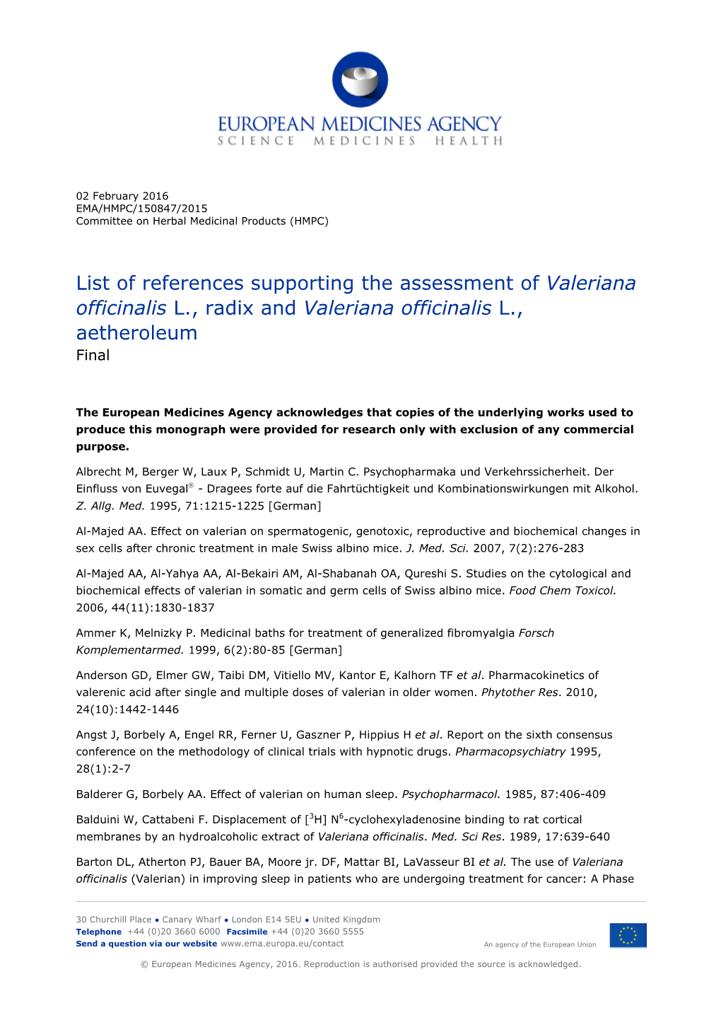 Final List of References Supporting the Assessment of Valeriana Officinalis