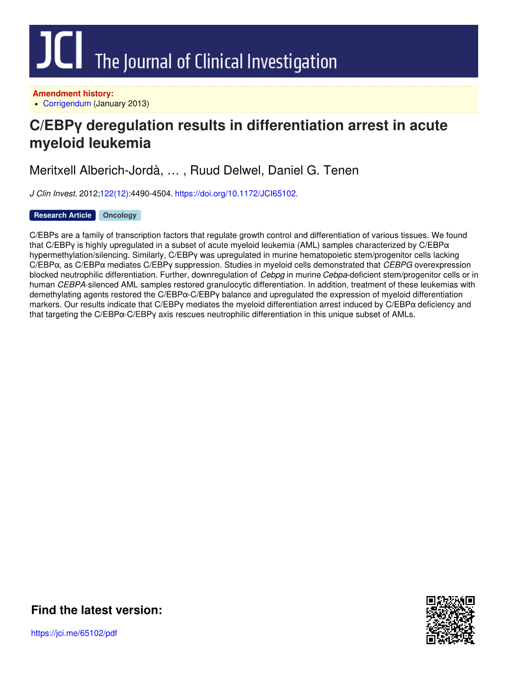 C/Ebpγ Deregulation Results in Differentiation Arrest in Acute Myeloid Leukemia