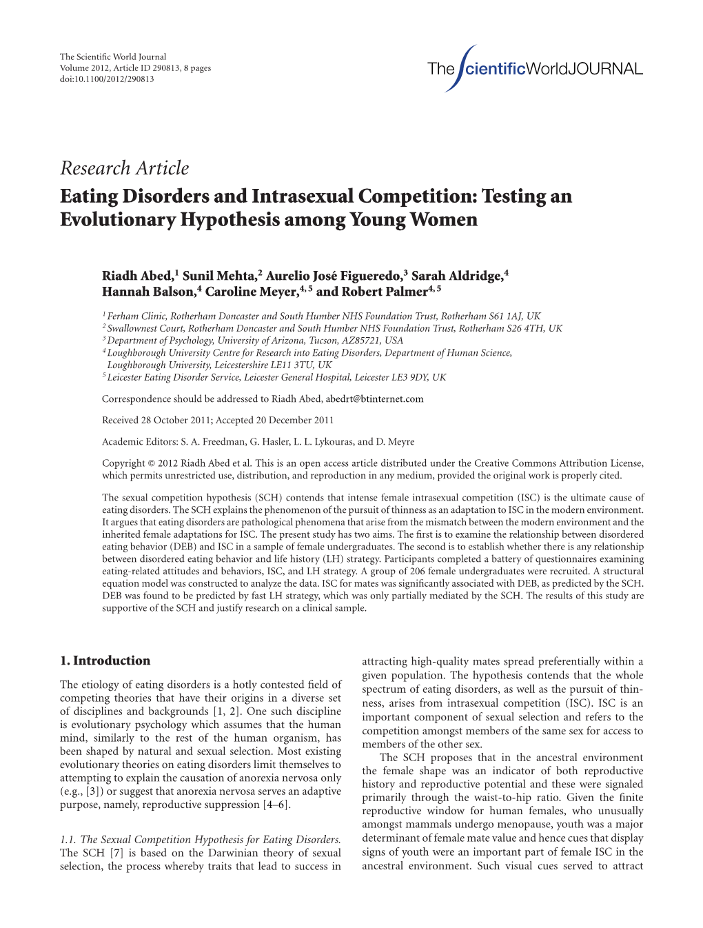 Research Article Eating Disorders and Intrasexual Competition: Testing an Evolutionary Hypothesis Among Young Women
