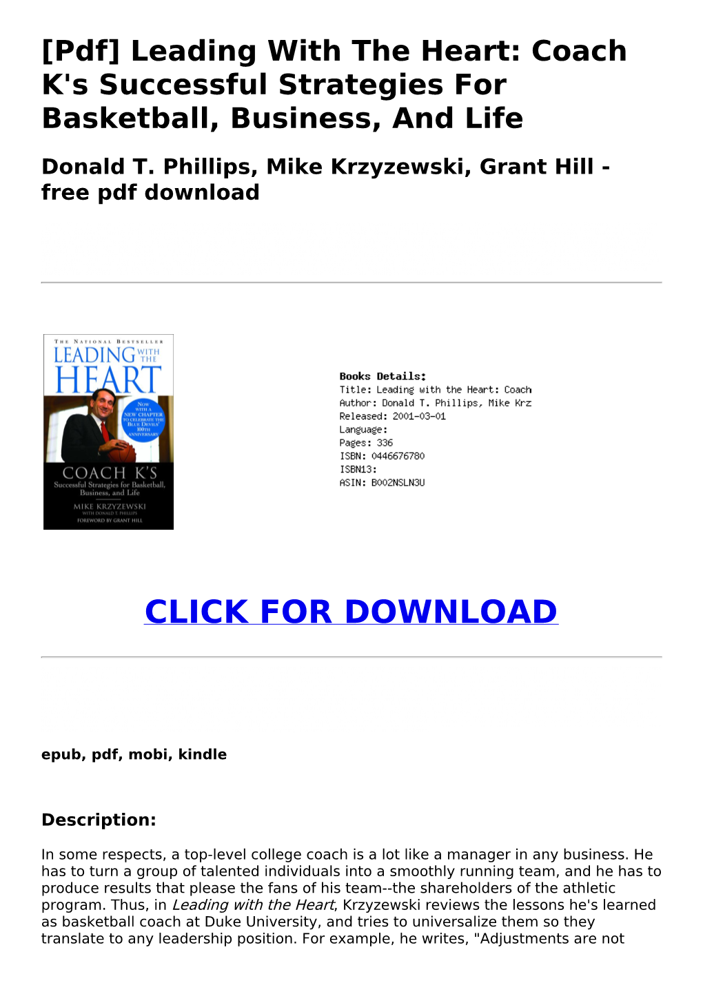 [Pdf] Leading with the Heart: Coach K's Successful Strategies for Basketball, Business, and Life